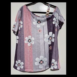 SHEIN Womens Pink Purple Floral Stripe One Shoulder Short Sleeve Top XXL NWOT